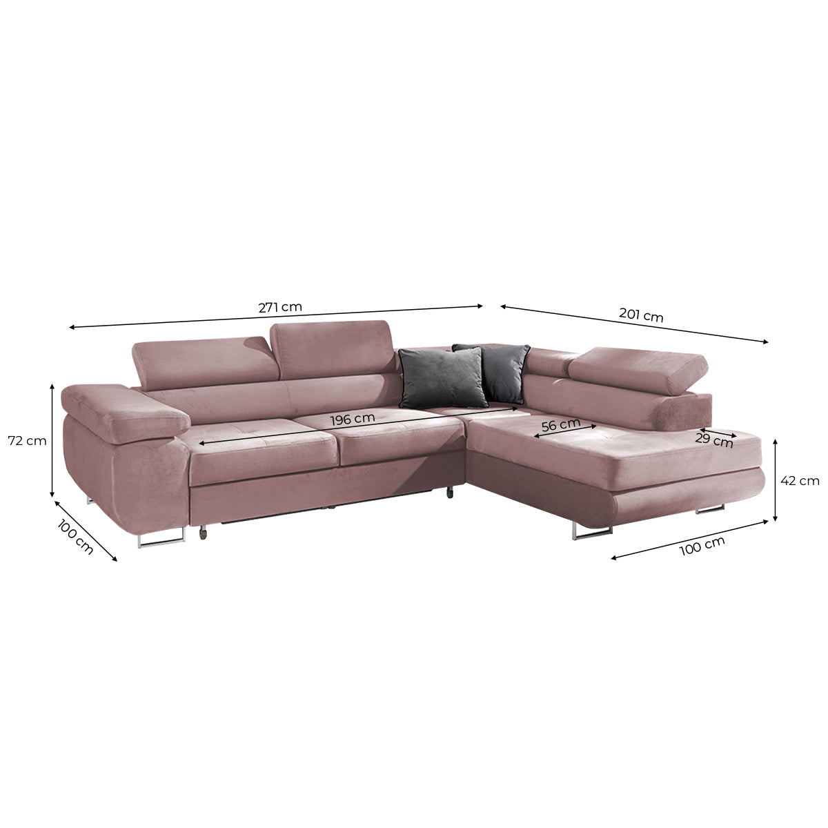Canapé d'angle convertible droit 4 places Wilson velours Rose - vue 3