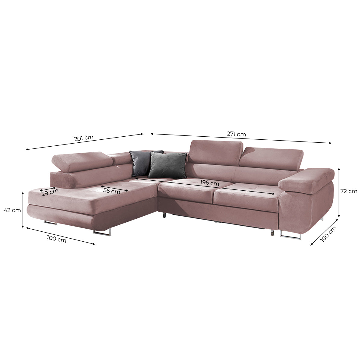 Canapé d'angle convertible gauche 4 places Wilson velours Rose - vue 3