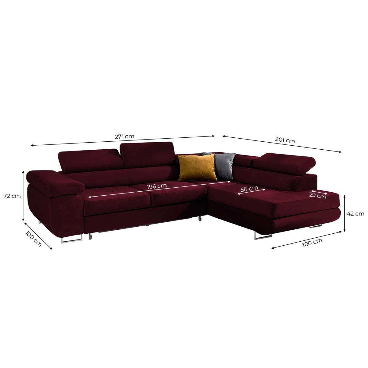 Canapé d'angle convertible droit 4 places Wilson velours Bordeaux - vue 3
