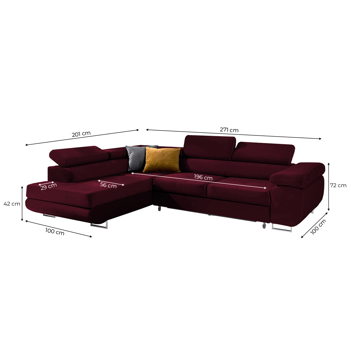 Canapé d'angle convertible gauche 4 places Wilson velours Bordeaux - vue 3