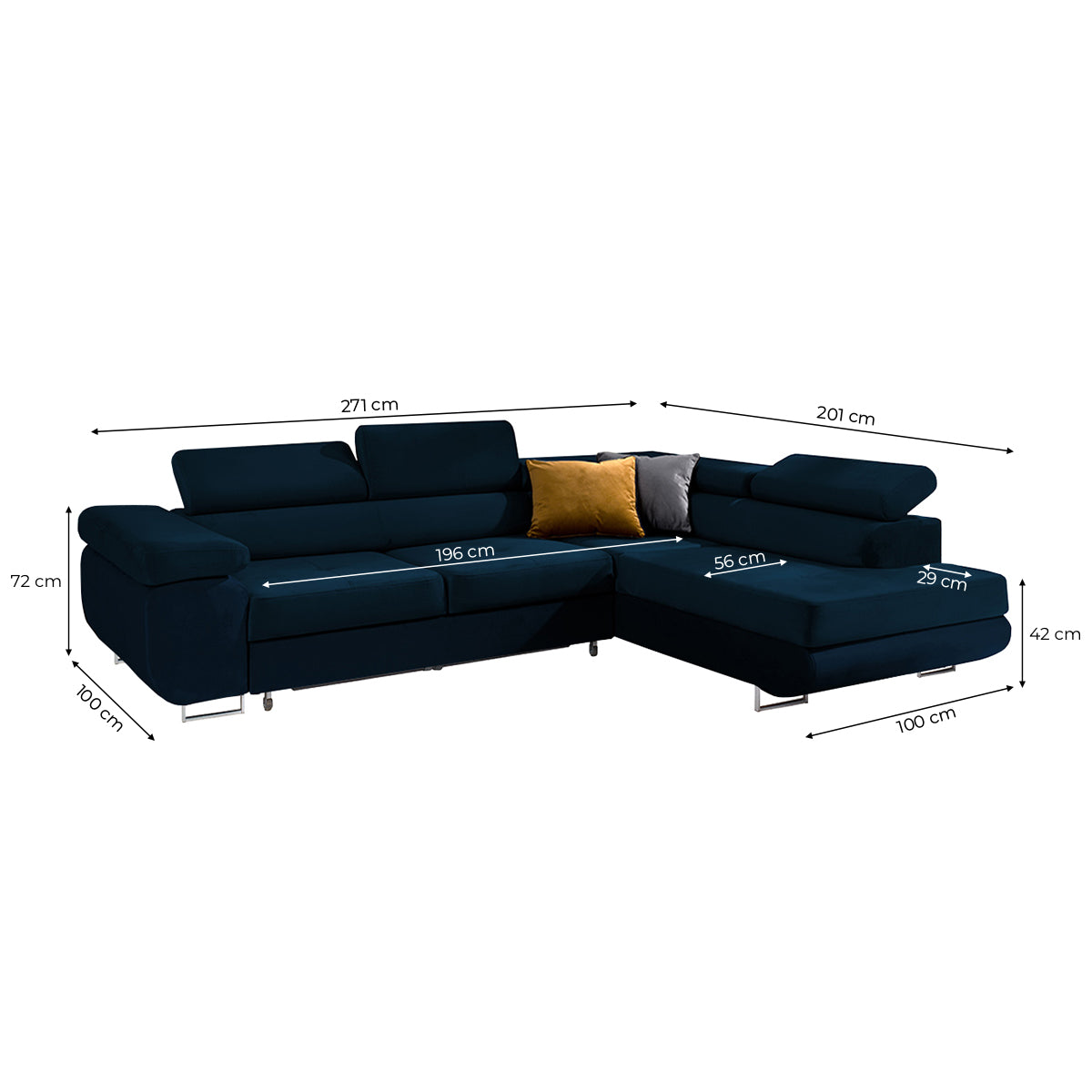 Canapé d'angle convertible droit 4 places Wilson velours Bleu - vue 3