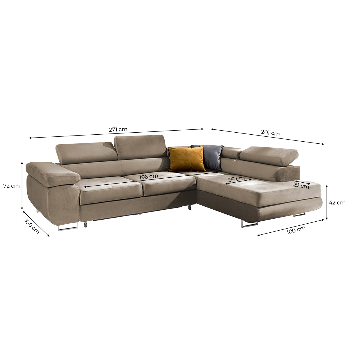 Canapé d'angle convertible droit 4 places Wilson velours Beige - vue 3