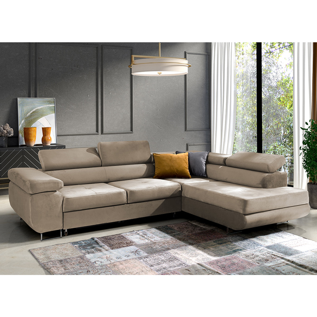Canapé d'angle convertible droit 4 places Wilson velours Beige - vue 2