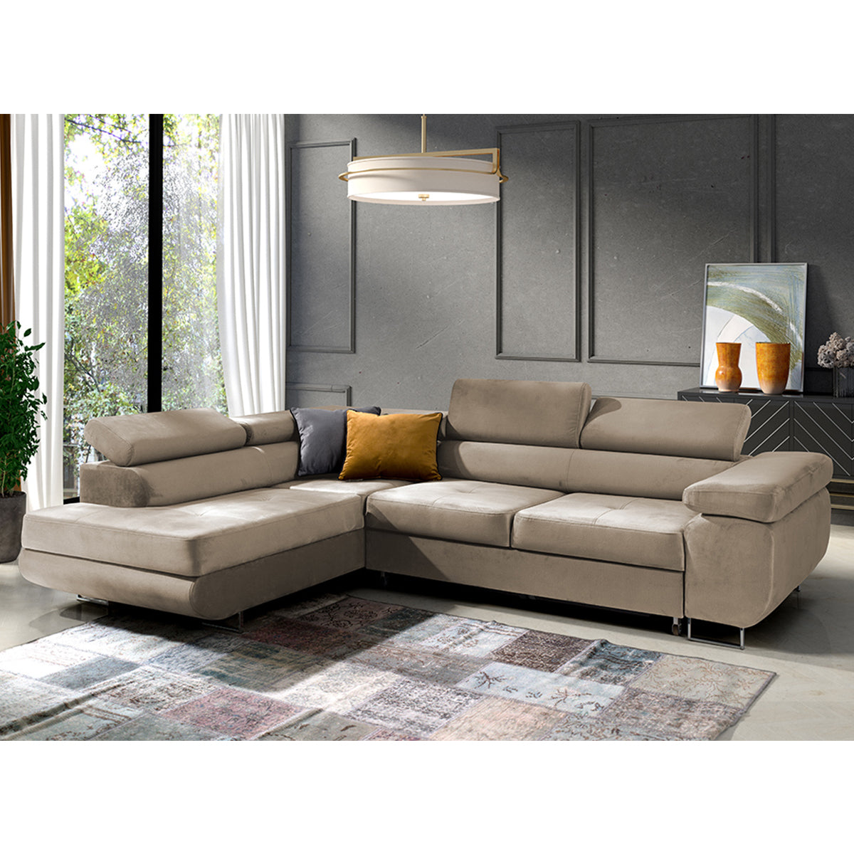 Canapé d'angle convertible gauche 4 places Wilson velours Beige - vue 2