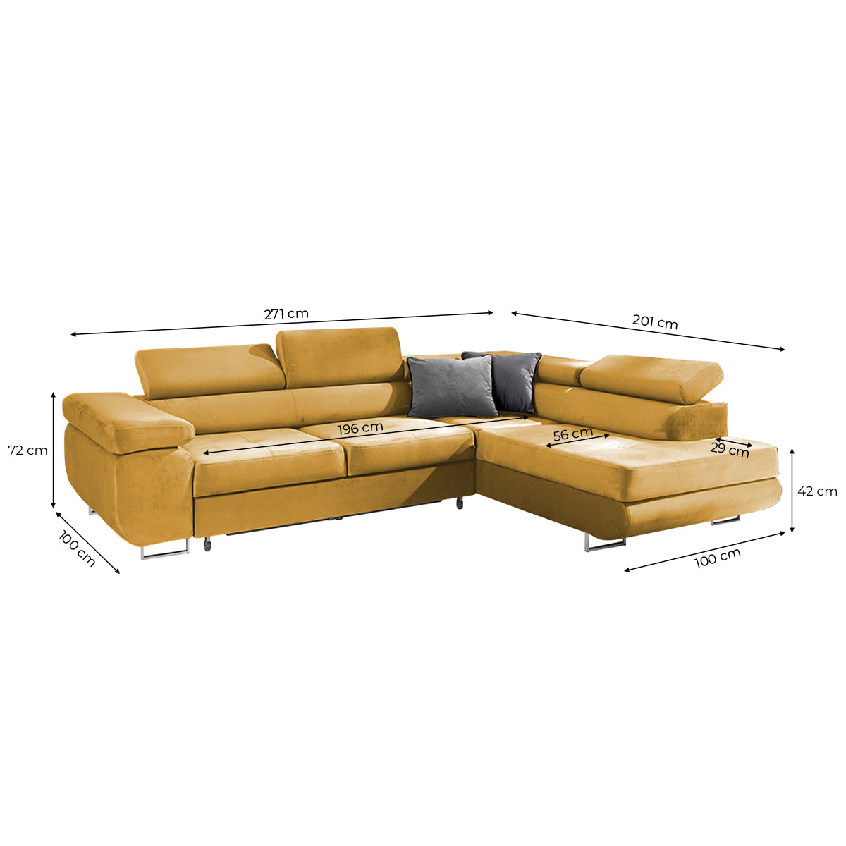 Canapé d'angle convertible droit 4 places Wilson velours Jaune - vue 3