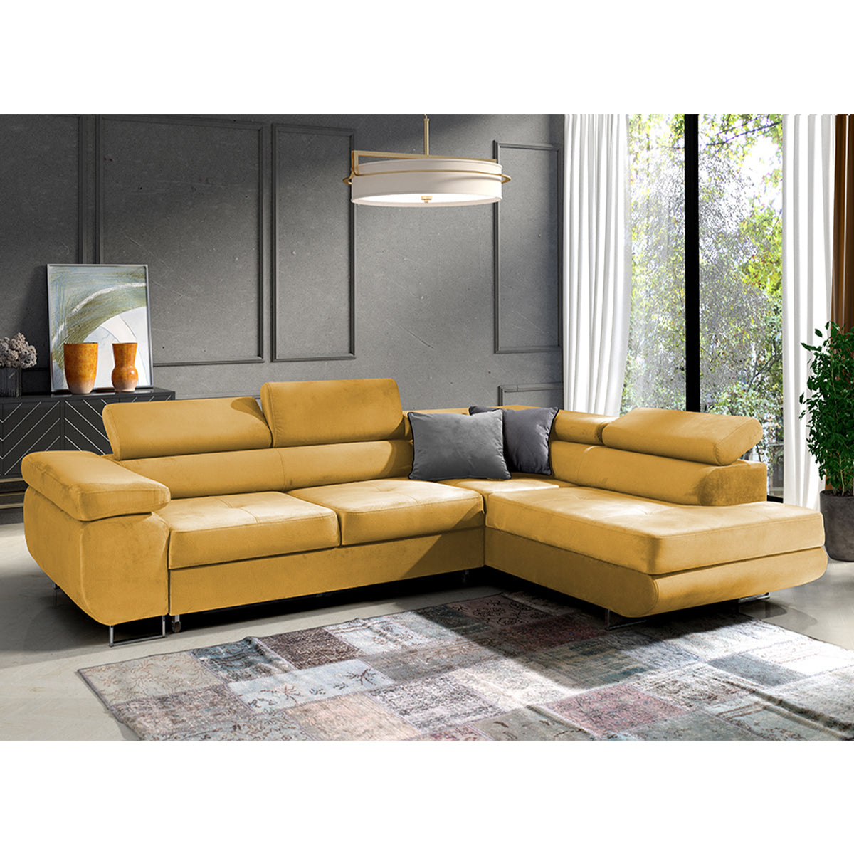Canapé d'angle convertible droit 4 places Wilson velours Jaune - vue 2