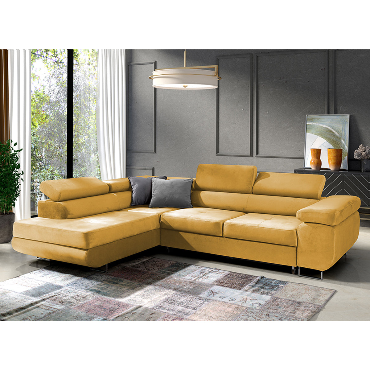 Canapé d'angle convertible gauche 4 places Wilson velours Jaune - vue 2