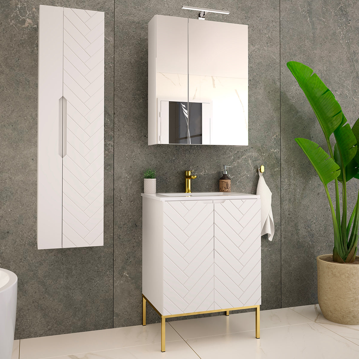 Meuble simple vasque encastrée 60cm 2 portes sur pieds Daria Blanc - vue 4