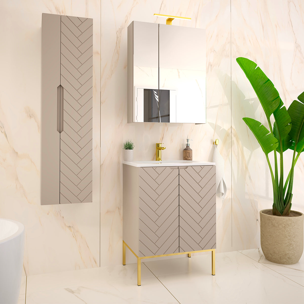 Meuble simple vasque encastrée 60cm 2 portes sur pieds Daria Cachemire - vue 4