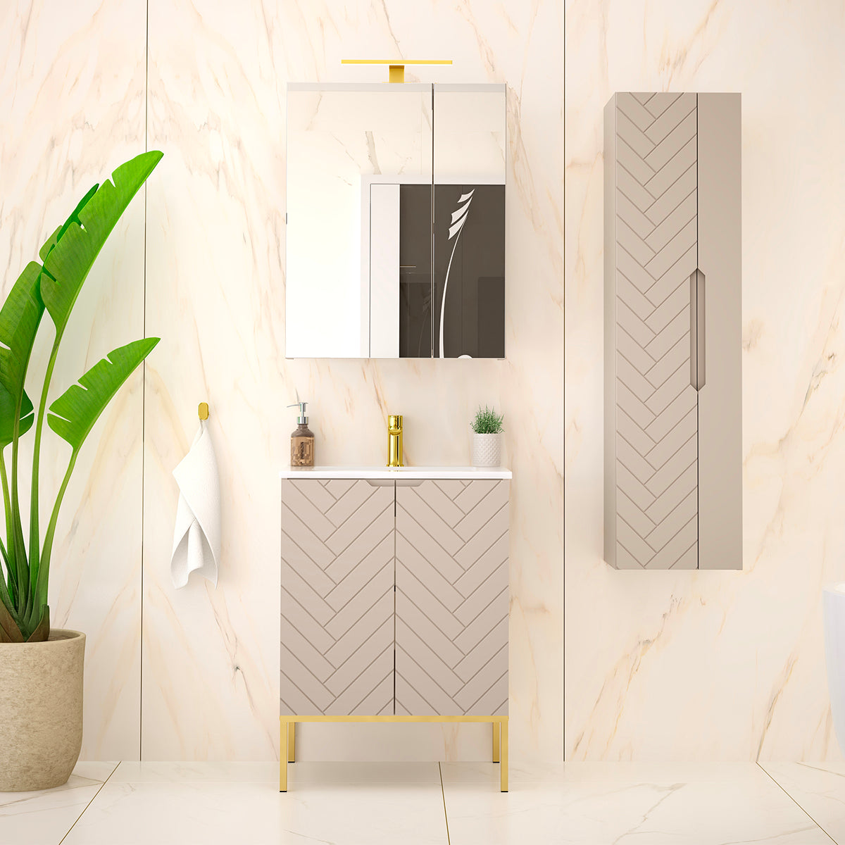 Meuble simple vasque encastrée 60cm 2 portes sur pieds Daria Cachemire - vue 5