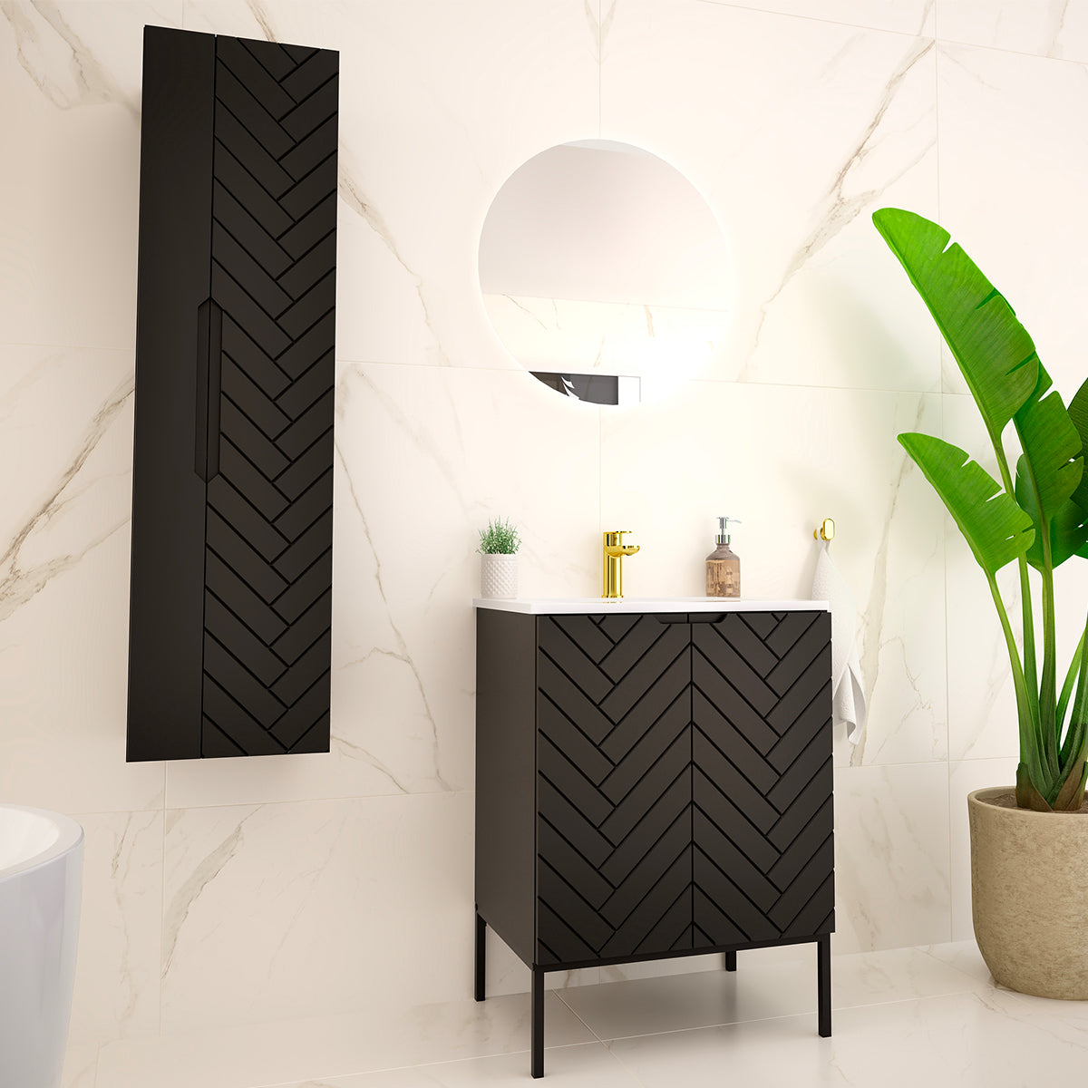 Meuble simple vasque encastrée 60cm 2 portes sur pieds Daria Noir - vue 4