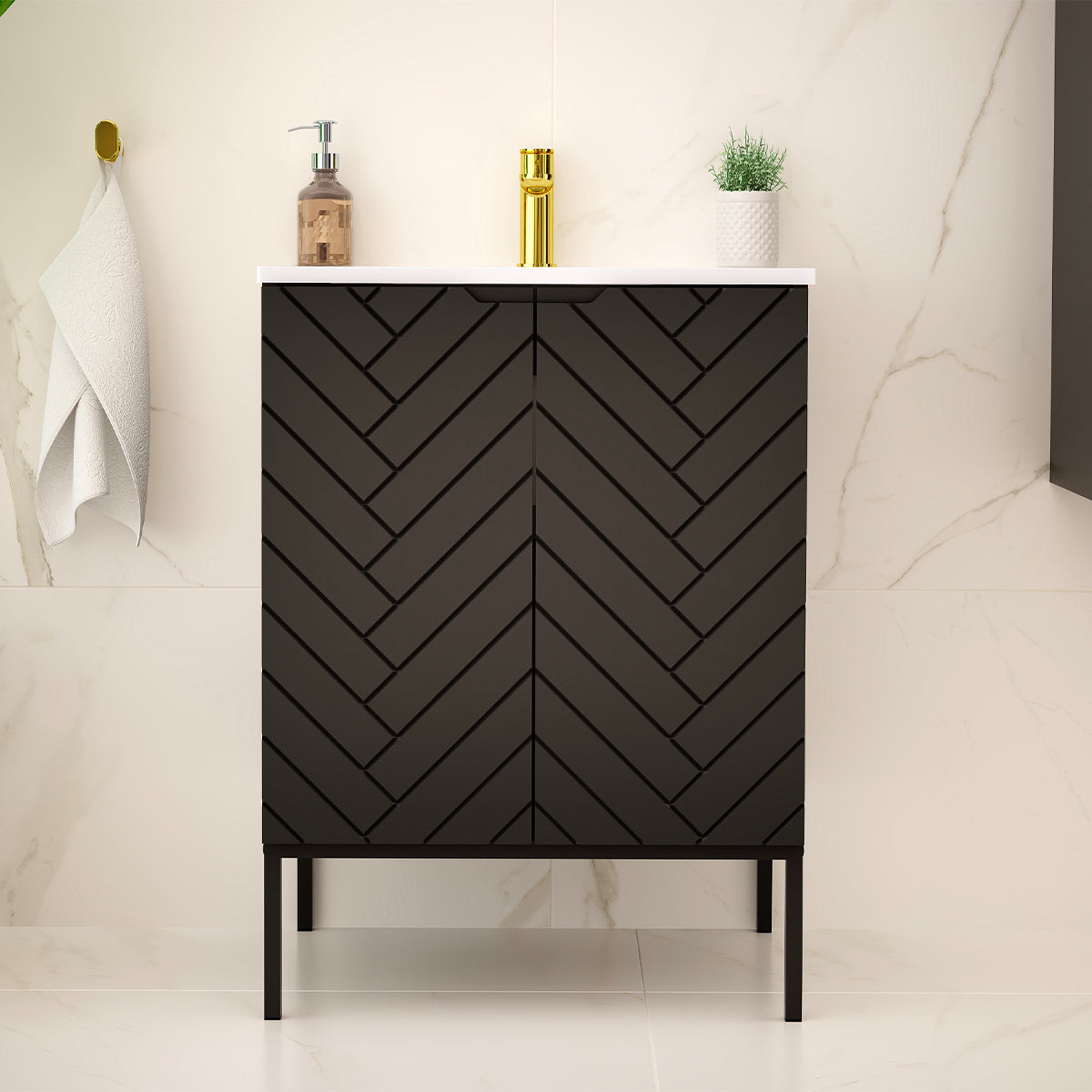 Meuble simple vasque encastrée 60cm 2 portes sur pieds Daria Noir - vue 6
