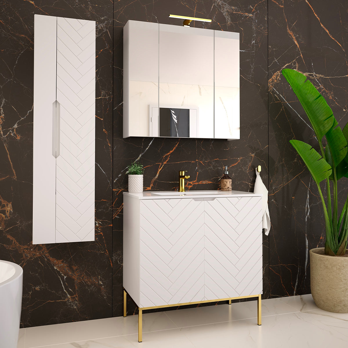 Meuble simple vasque encastrée 80cm 2 portes sur pieds Daria Blanc - vue 4