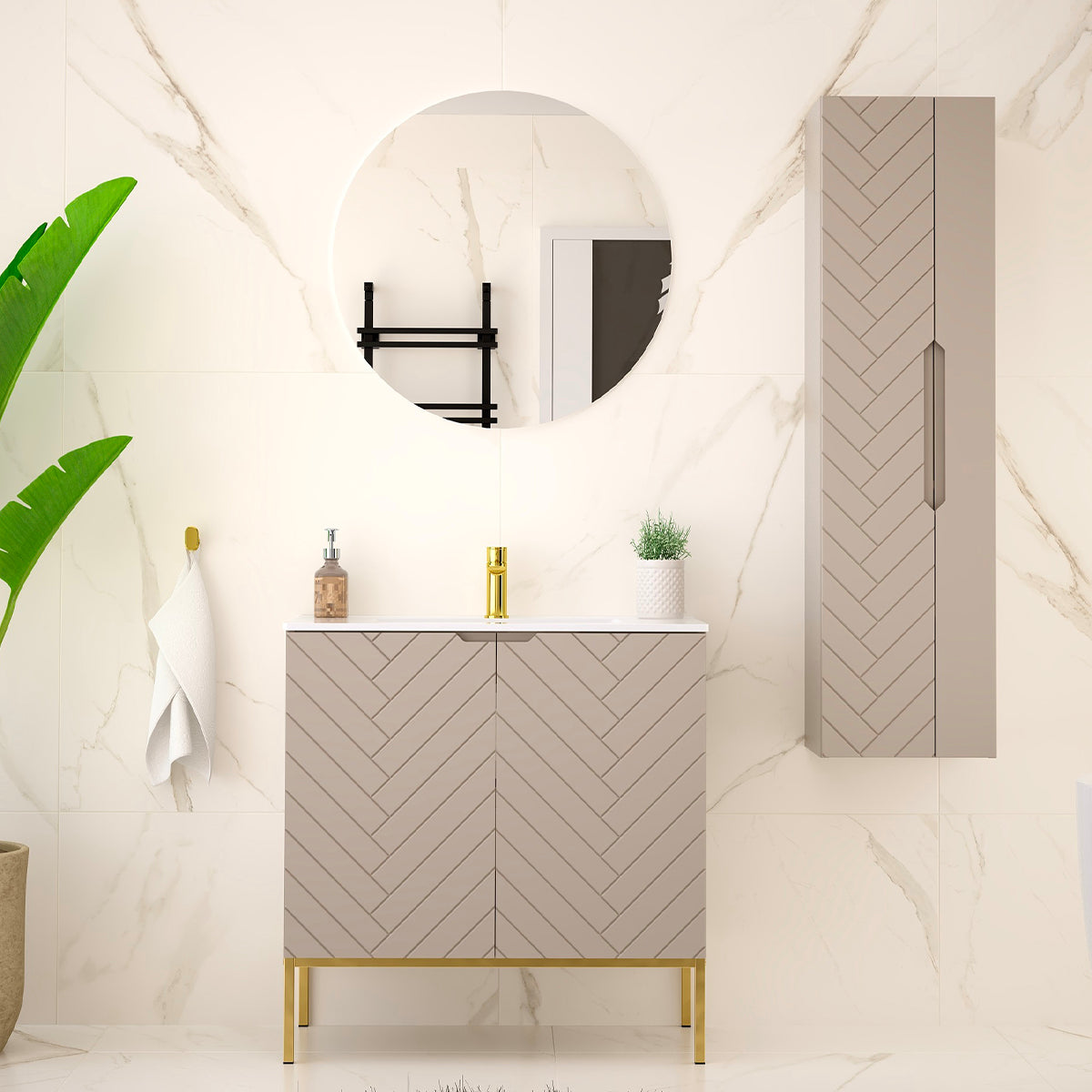 Meuble simple vasque encastrée 80cm 2 portes sur pieds Daria Cachemire - vue 5