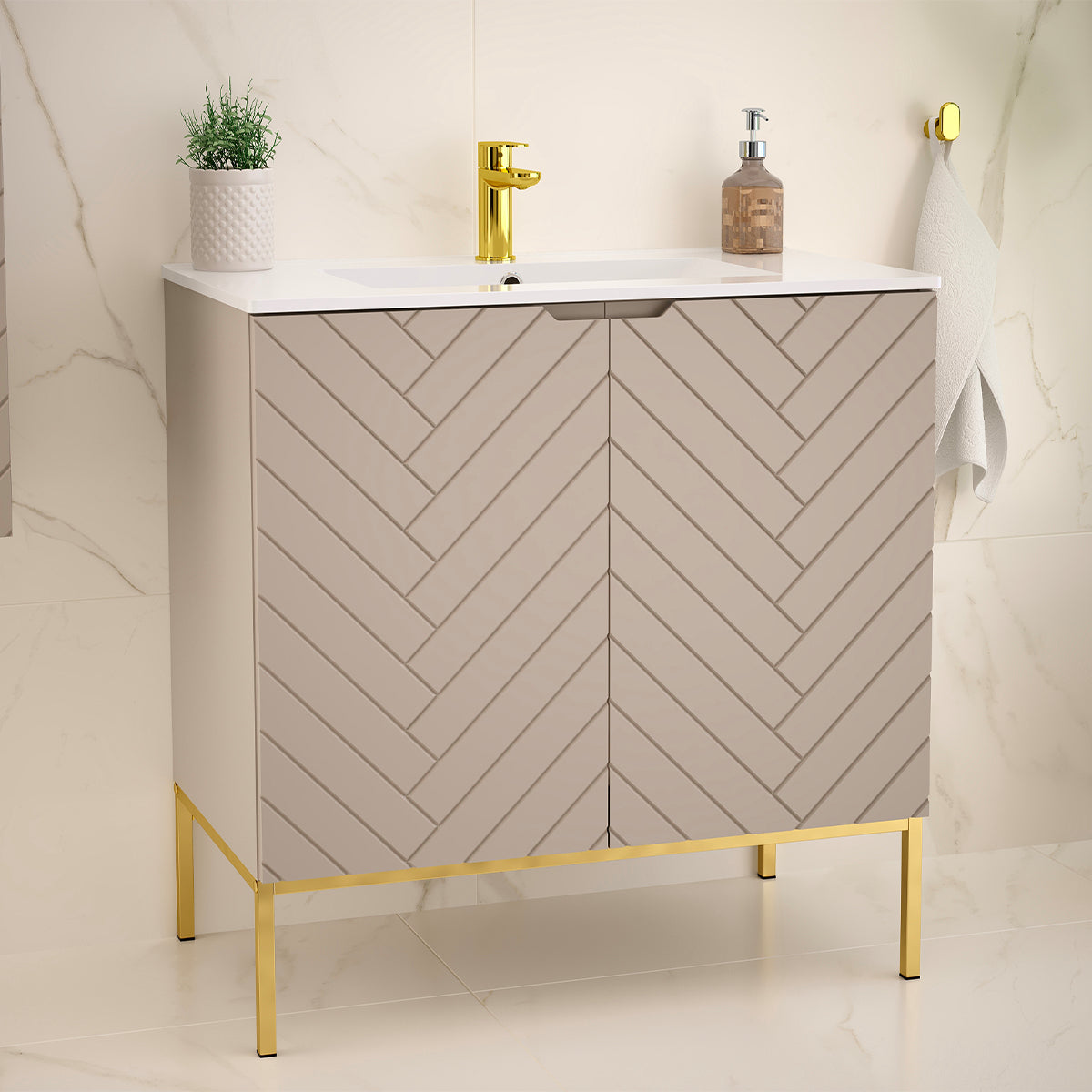 Meuble simple vasque encastrée 80cm 2 portes sur pieds Daria Cachemire - vue 6