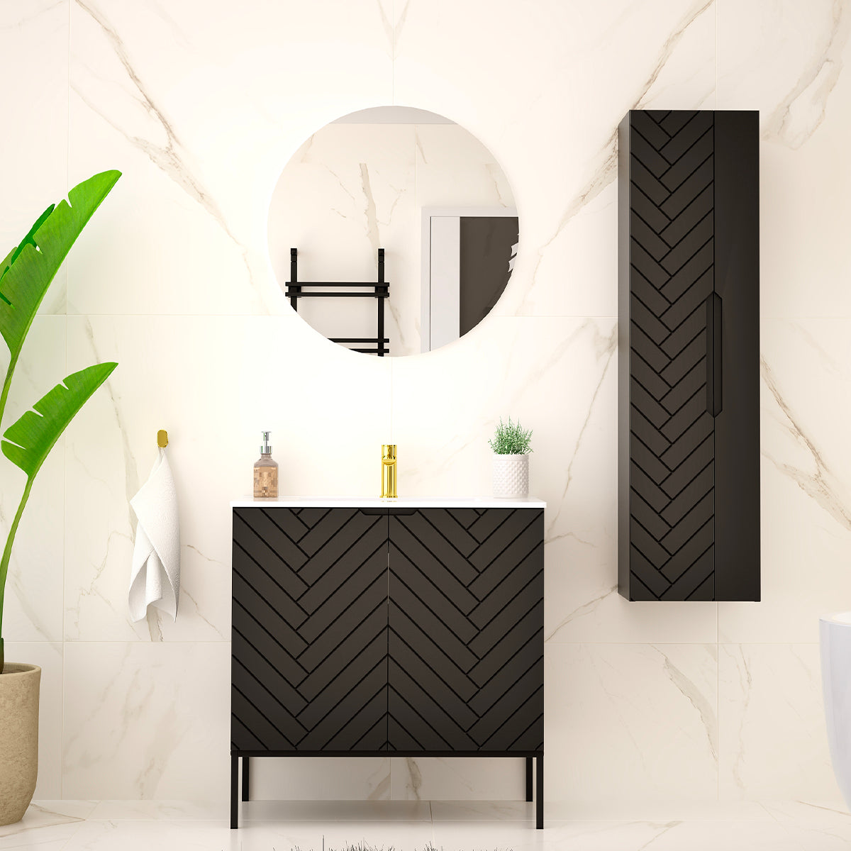 Meuble simple vasque encastrée 80cm 2 portes sur pieds Daria Noir - vue 5