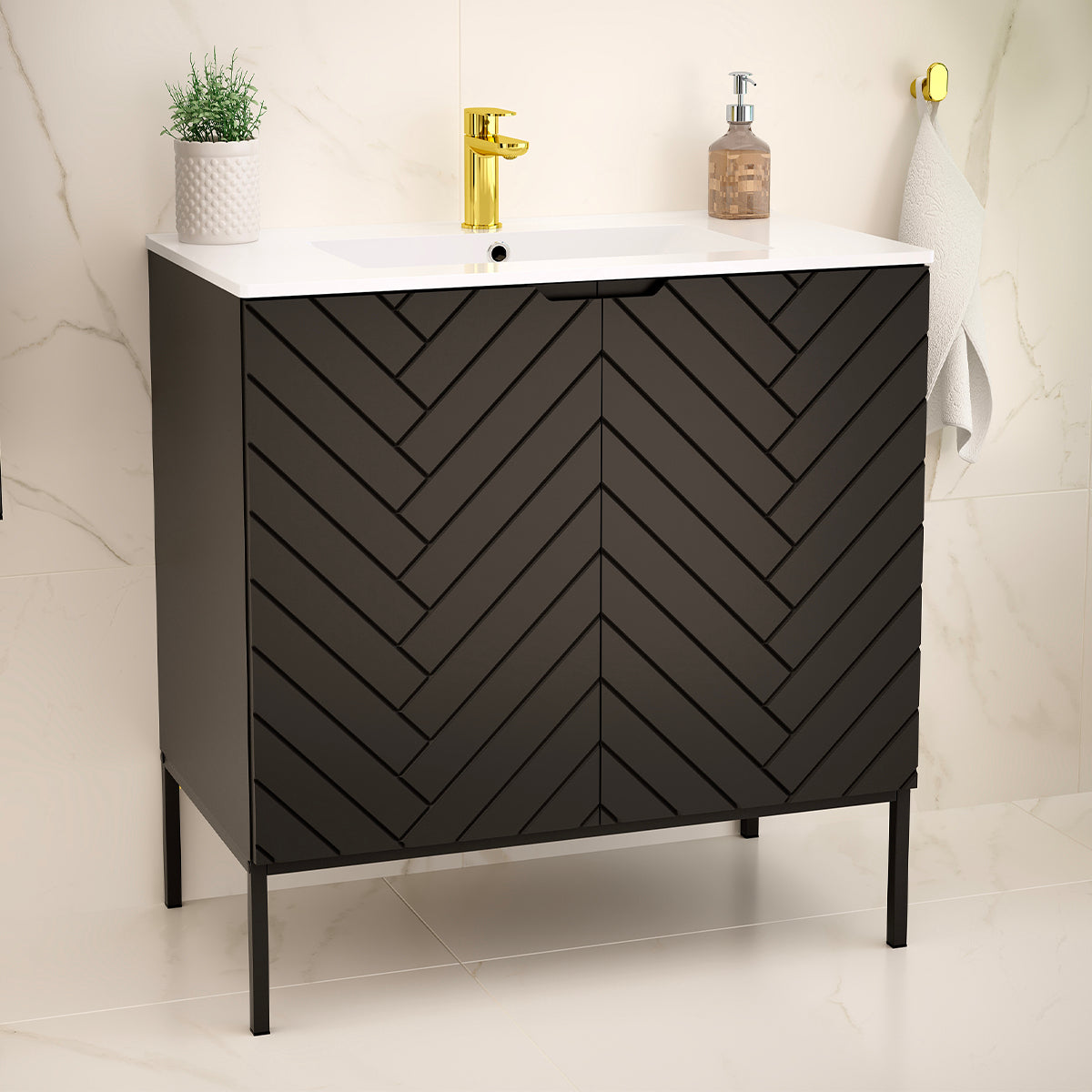 Meuble simple vasque encastrée 80cm 2 portes sur pieds Daria Noir - vue 6