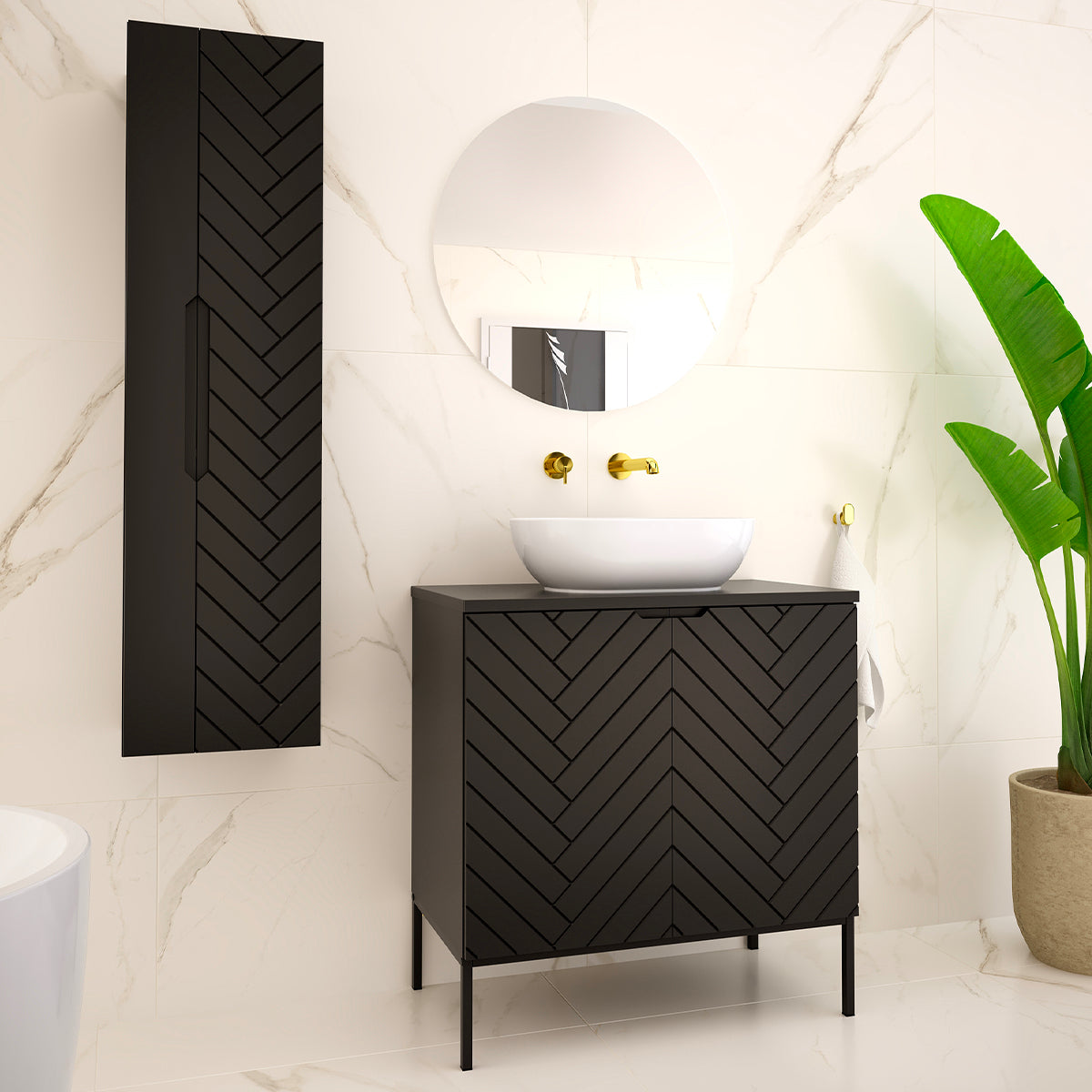 Meuble simple vasque 80cm 2 portes sur pieds Daria Noir - vue 4