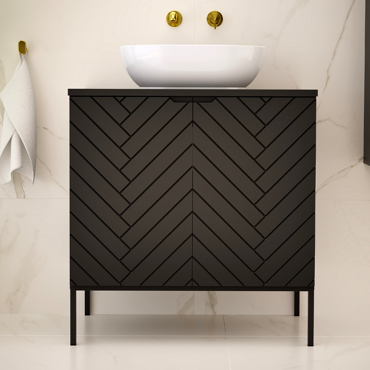 Meuble simple vasque 80cm 2 portes sur pieds Daria Noir - vue 6