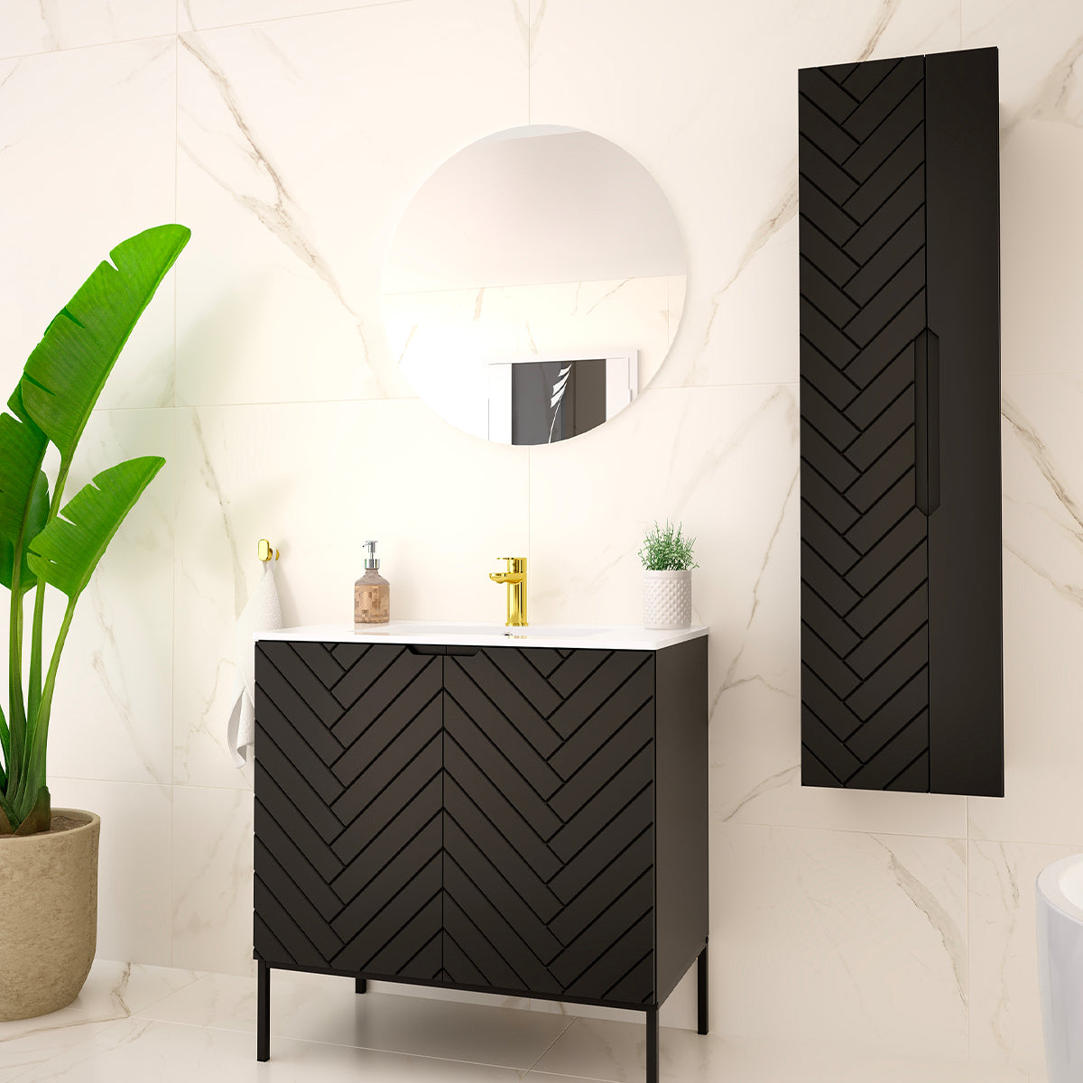 Meuble sous-vasque 80cm plan de toilette 2 portes sur pieds Daria Noir - vue 5
