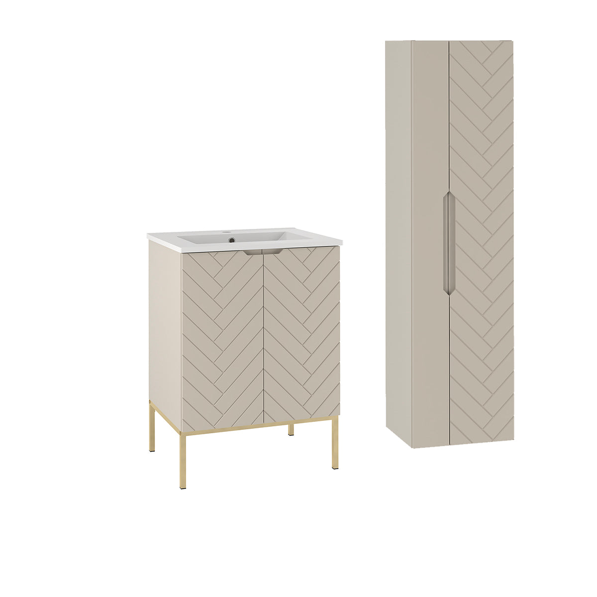 Ensemble meuble simple vasque encastrée 60cm 2 portes sur pieds et colonne Daria Cachemire - vue 2