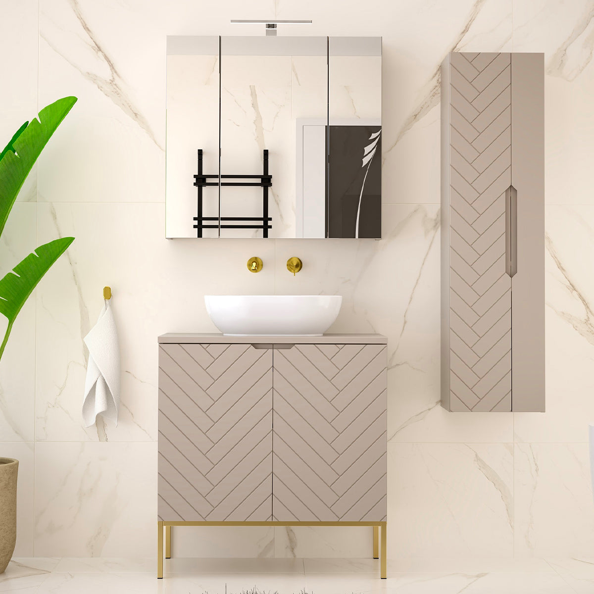 Ensemble meuble simple vasque 80cm 2 portes sur pieds et colonne Daria Cachemire