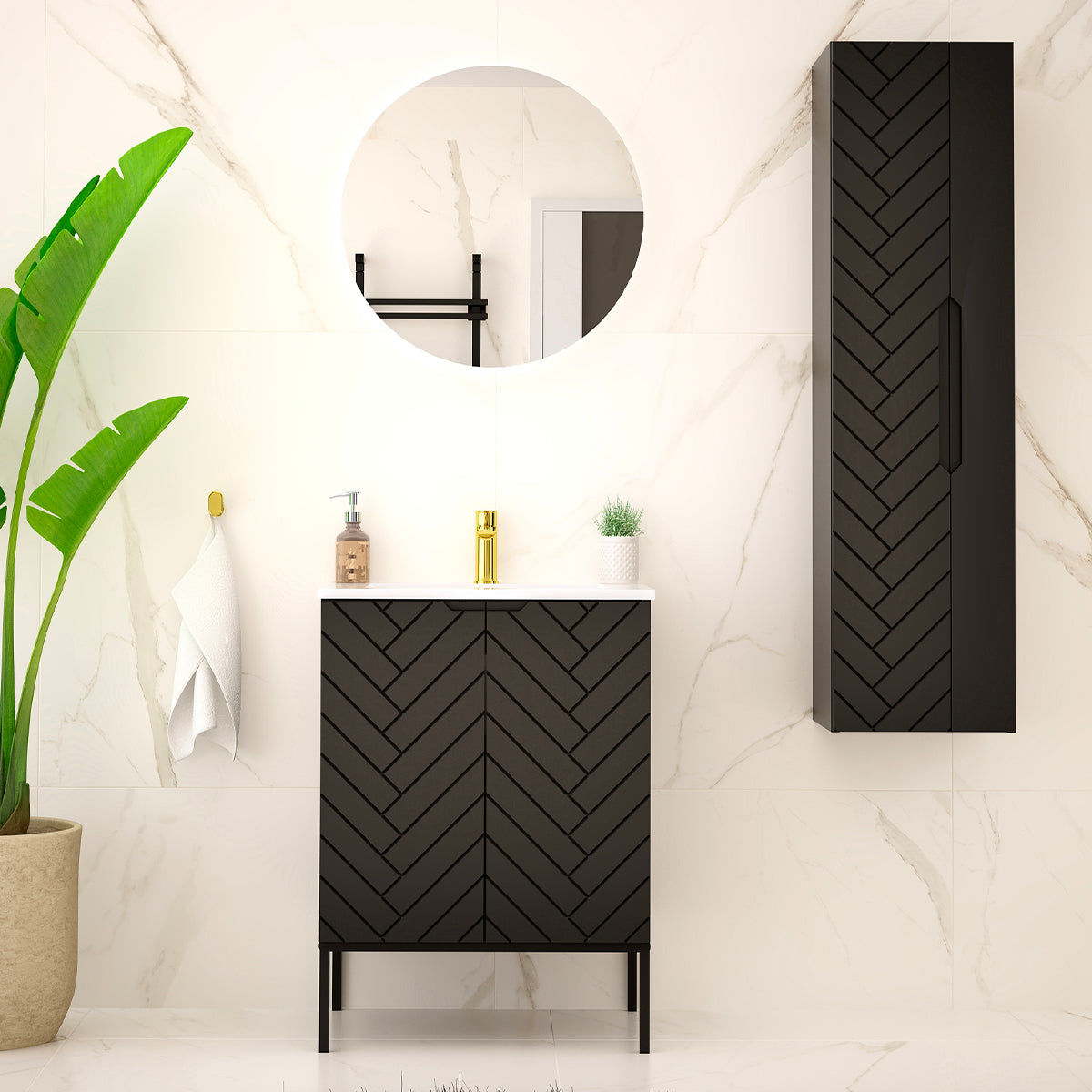 Ensemble meuble simple vasque encastrée 60cm 2 portes sur pieds et colonne Daria Noir