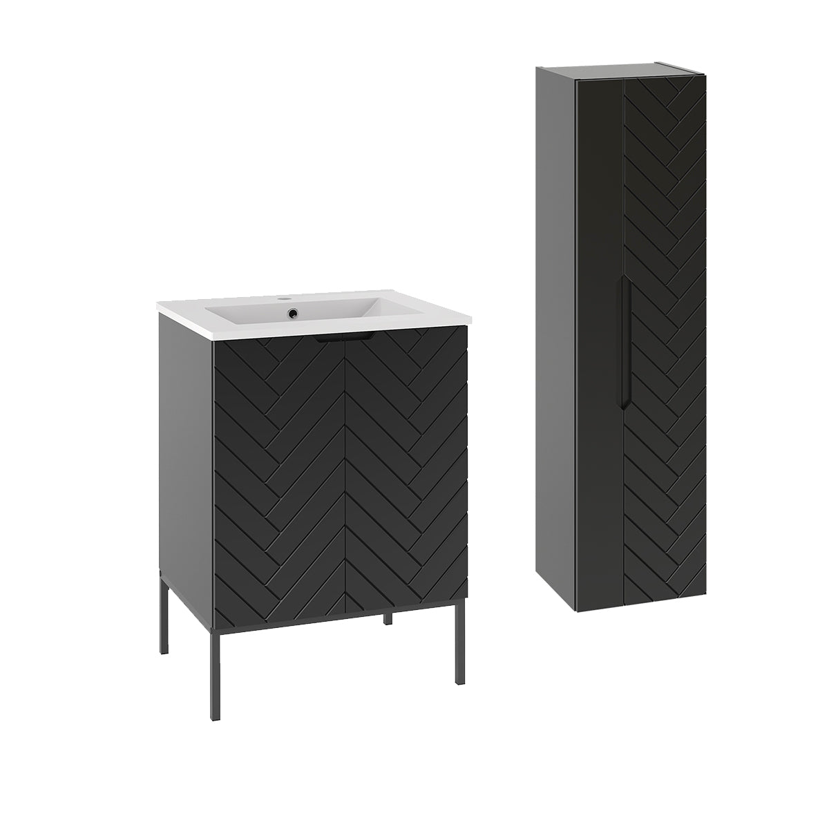 Ensemble meuble simple vasque encastrée 60cm 2 portes sur pieds et colonne Daria Noir - vue 2