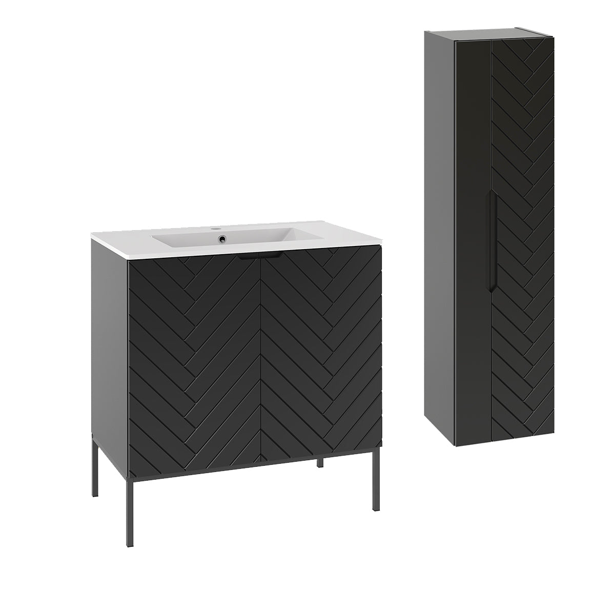 Ensemble meuble simple vasque encastrée 80cm 2 portes sur pieds et colonne Daria Noir - vue 2