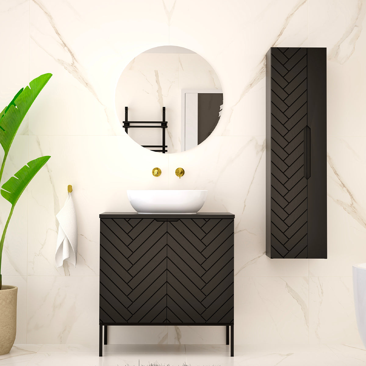 Ensemble meuble simple vasque 80cm 2 portes sur pieds et colonne Daria Noir