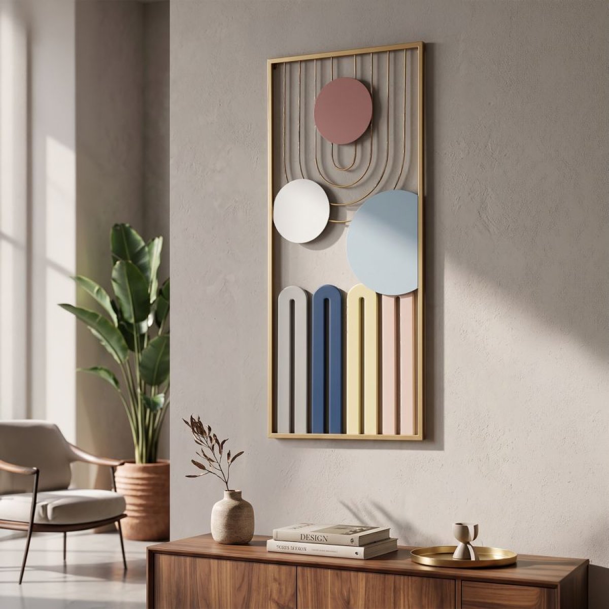 Décoration murale abstraite métal 37x84 cm Marlon Doré et Pastel