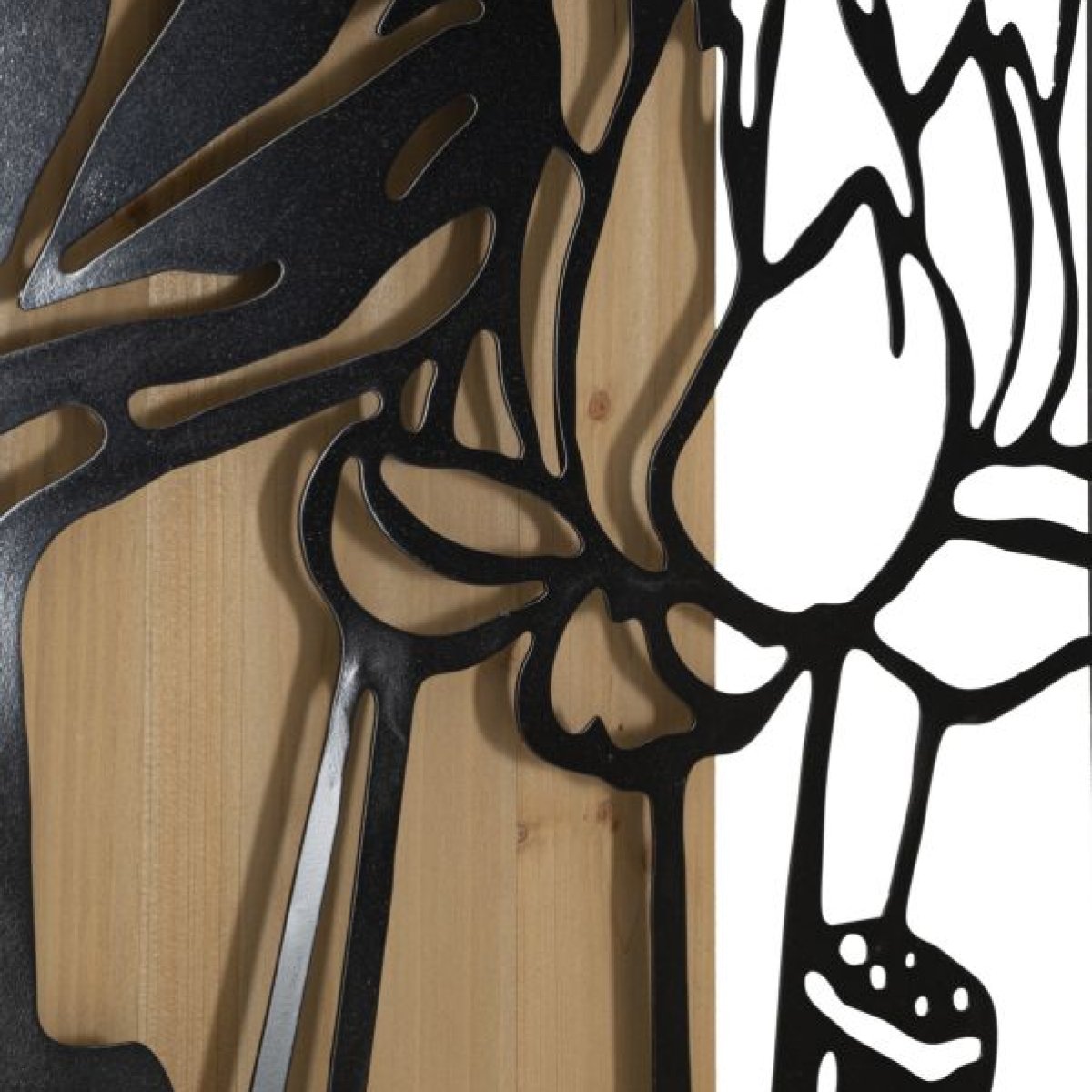 Décoration murale fleurs métal 60x90 cm Noir et Bois - vue 3