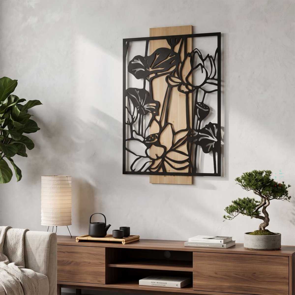 Décoration murale fleurs métal 60x90 cm Noir et Bois