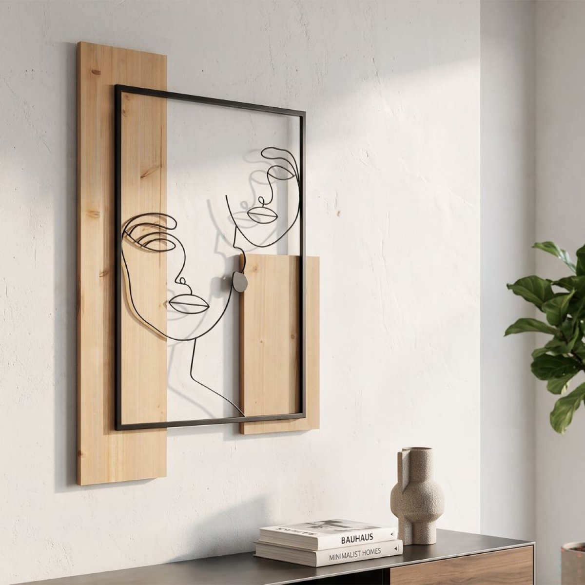 Décoration murale Line Art visage femme métal 63x90 cm Celina Noir et Bois