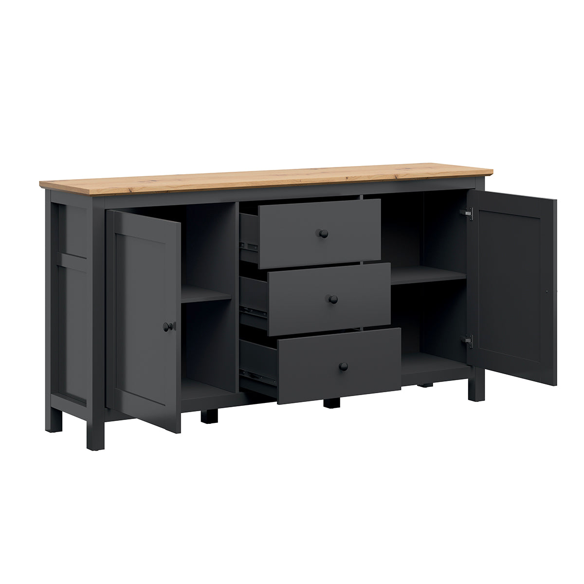 Buffet 2 portes 3 tiroirs Duck Gris anthracite et Bois - vue 2