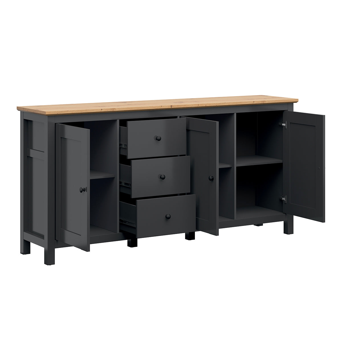 Buffet 3 portes 3 tiroirs Duck Gris anthracite et Bois - vue 2