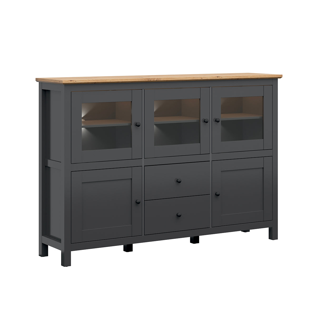 Buffet 5 portes 2 tiroirs avec LED Duck Gris anthracite et Bois