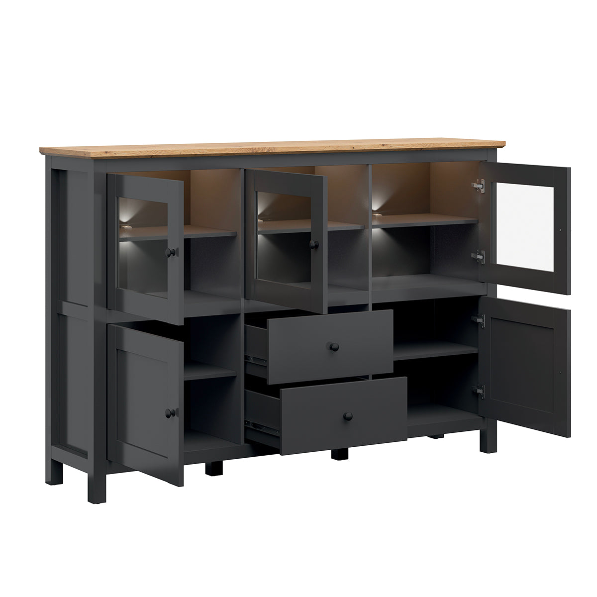 Buffet 5 portes 2 tiroirs avec LED Duck Gris anthracite et Bois - vue 2