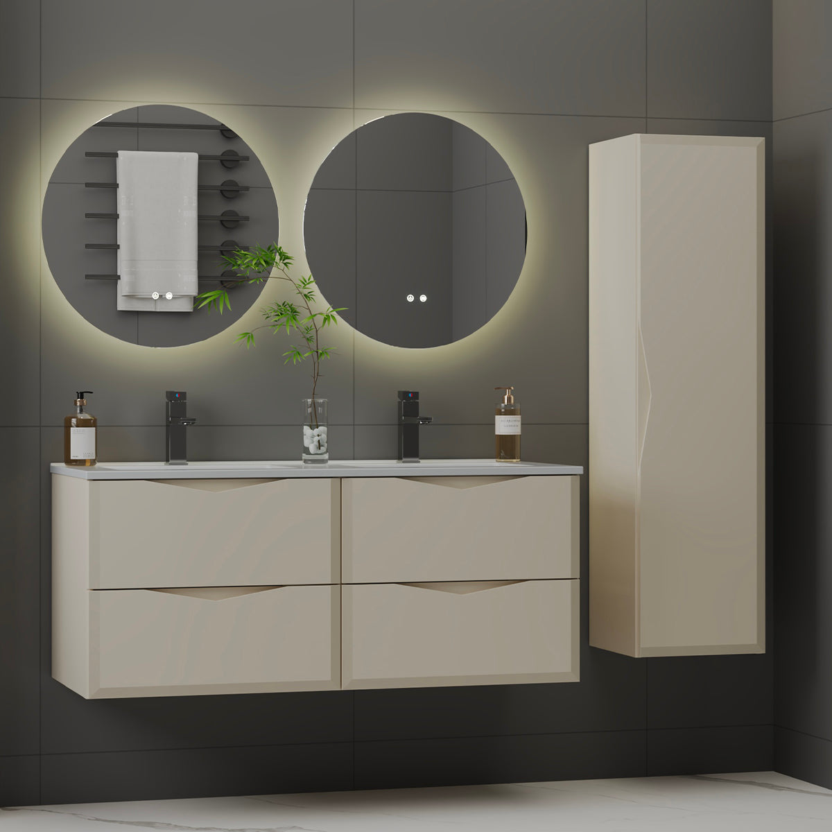 Ensemble meuble double vasque encastrée 120cm et colonne Ellie Cachemire