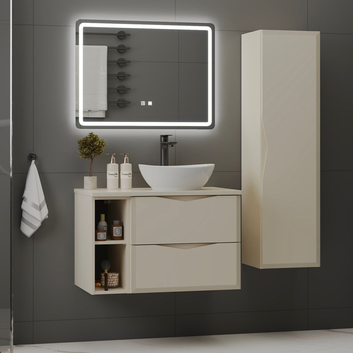 Ensemble meuble simple vasque 80cm 2 niches et colonne Ellie Cachemire