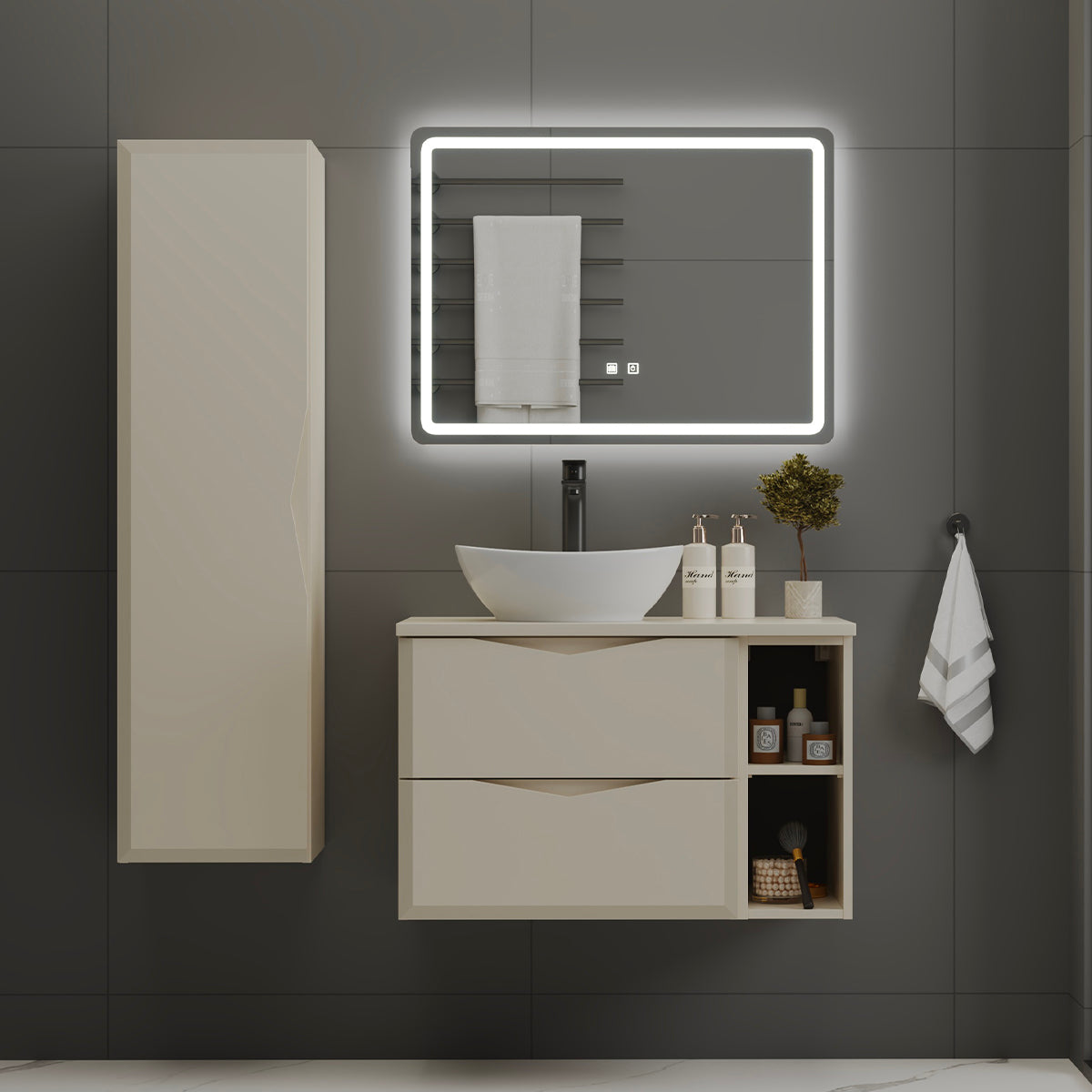Ensemble meuble simple vasque 80cm 2 niches et colonne Ellie Cachemire - vue 8