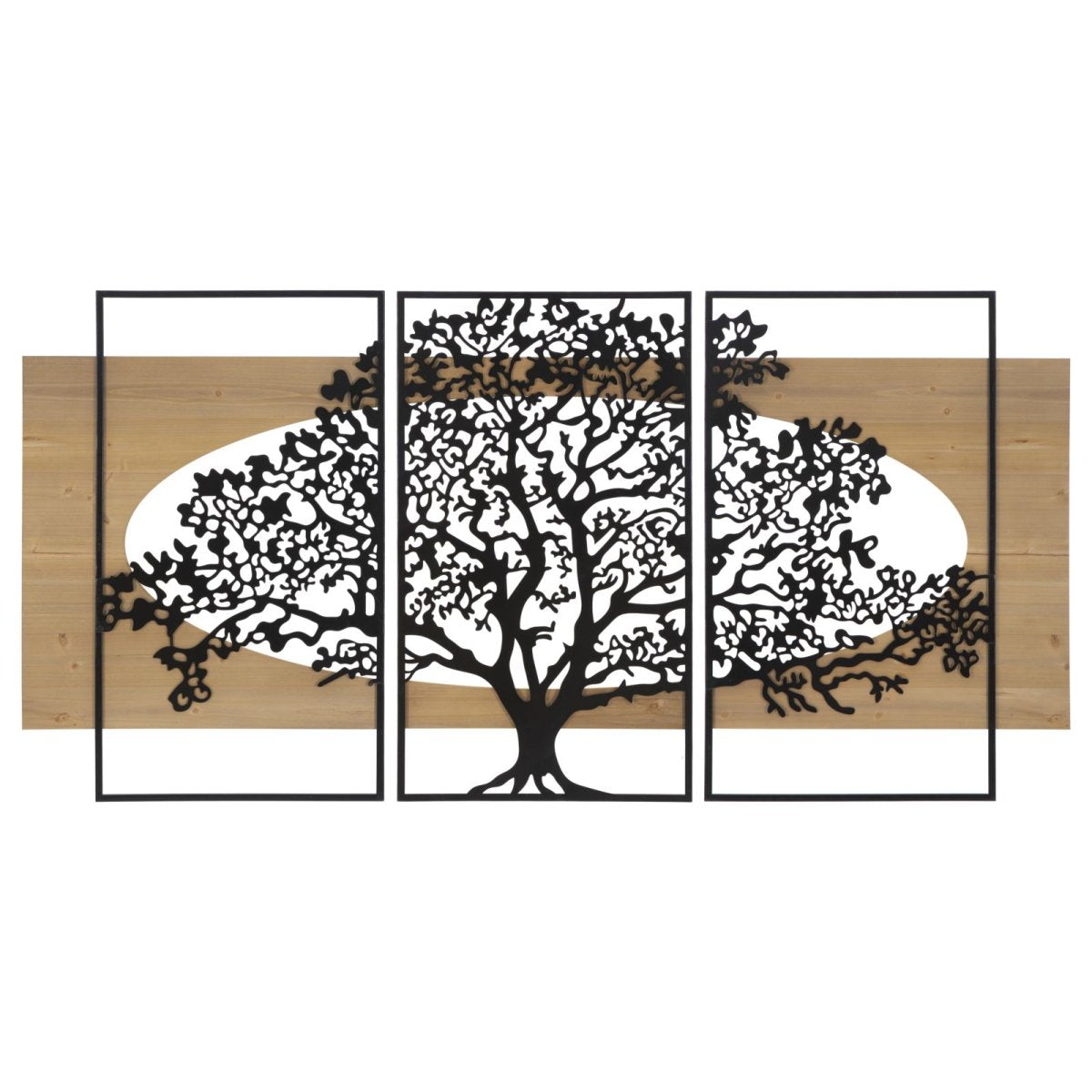 Ensemble de 3 décorations murales triptyque arbre métal 176x90 cm Sarabi Noir et Bois - vue 2