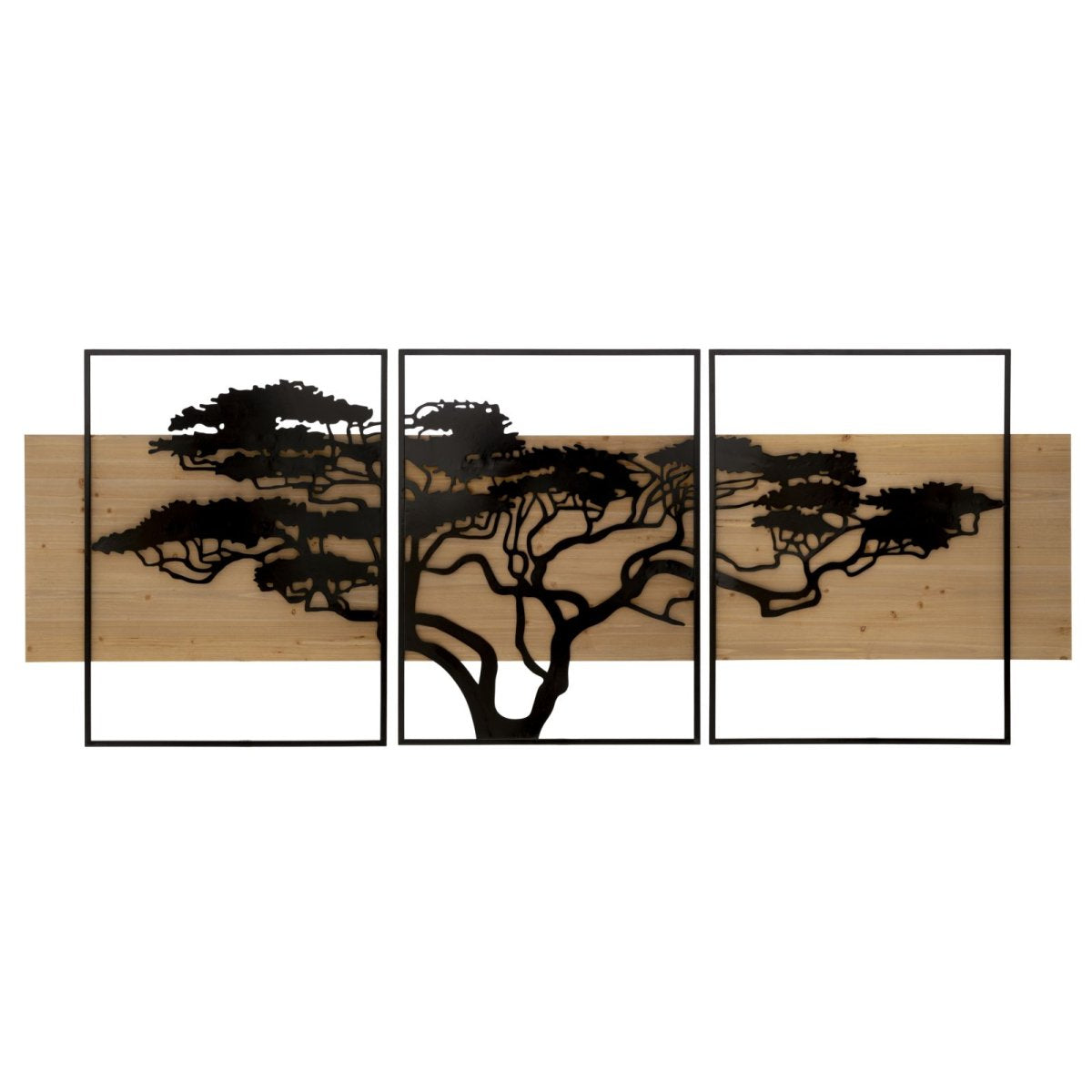 Ensemble de 3 décorations murales triptyque arbre métal 204x80 cm Sarabi Noir et Bois - vue 2