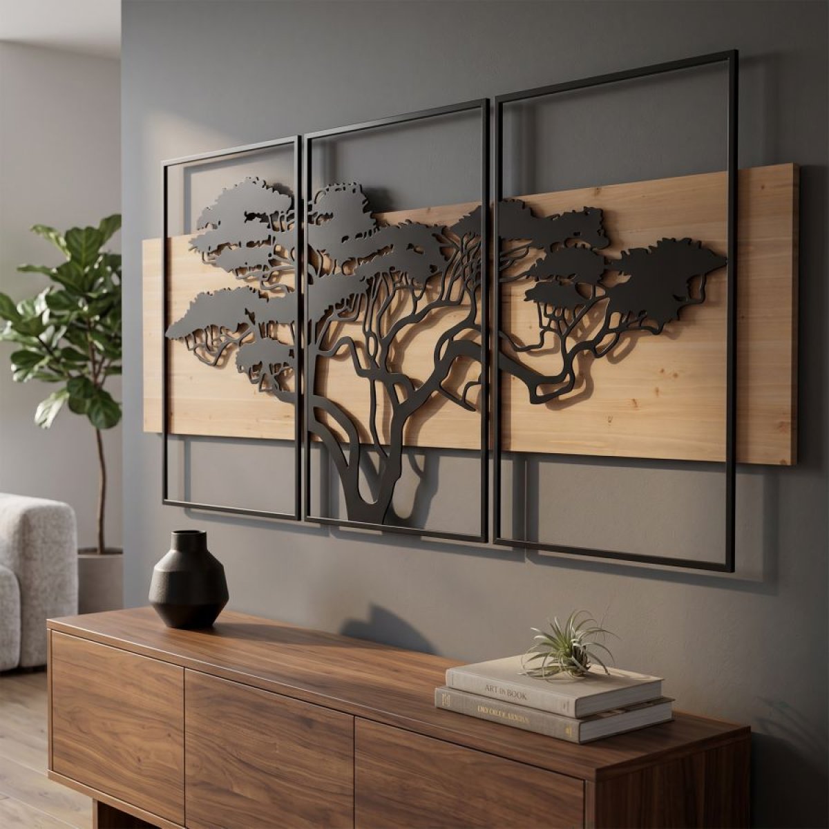 Ensemble de 3 décorations murales triptyque arbre métal 204x80 cm Sarabi Noir et Bois