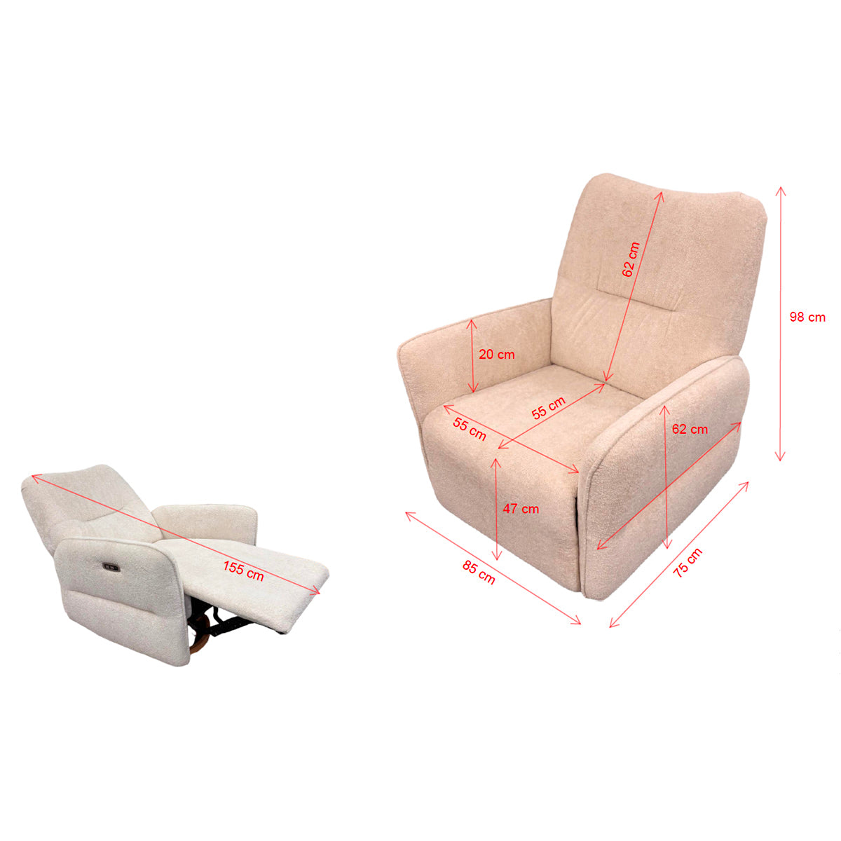 Fauteuil relax électrique tissu bouclé Vipack Rocky Beige