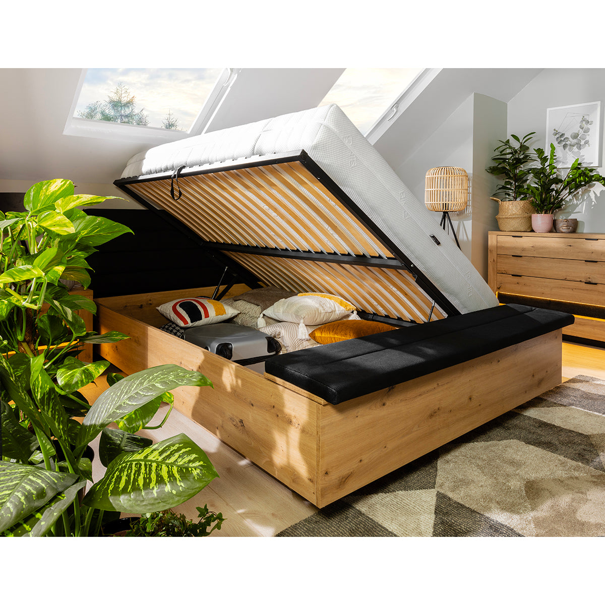 Lit coffre 140x200 avec banc et sommier inclus Glenn Bois et Noir - vue 4