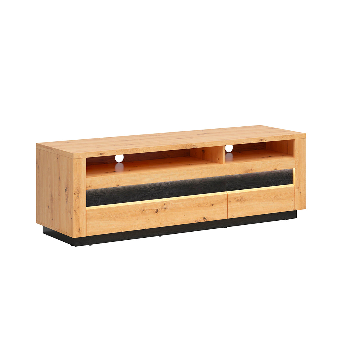 Meuble TV 2 tiroirs 2 niches 161 cm avec LED Glenn Bois et Noir