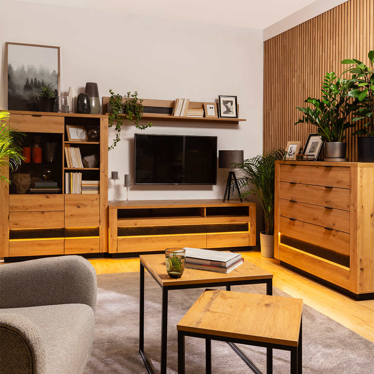 Meuble TV 2 tiroirs 2 niches 161 cm avec LED Glenn Bois et Noir - vue 4