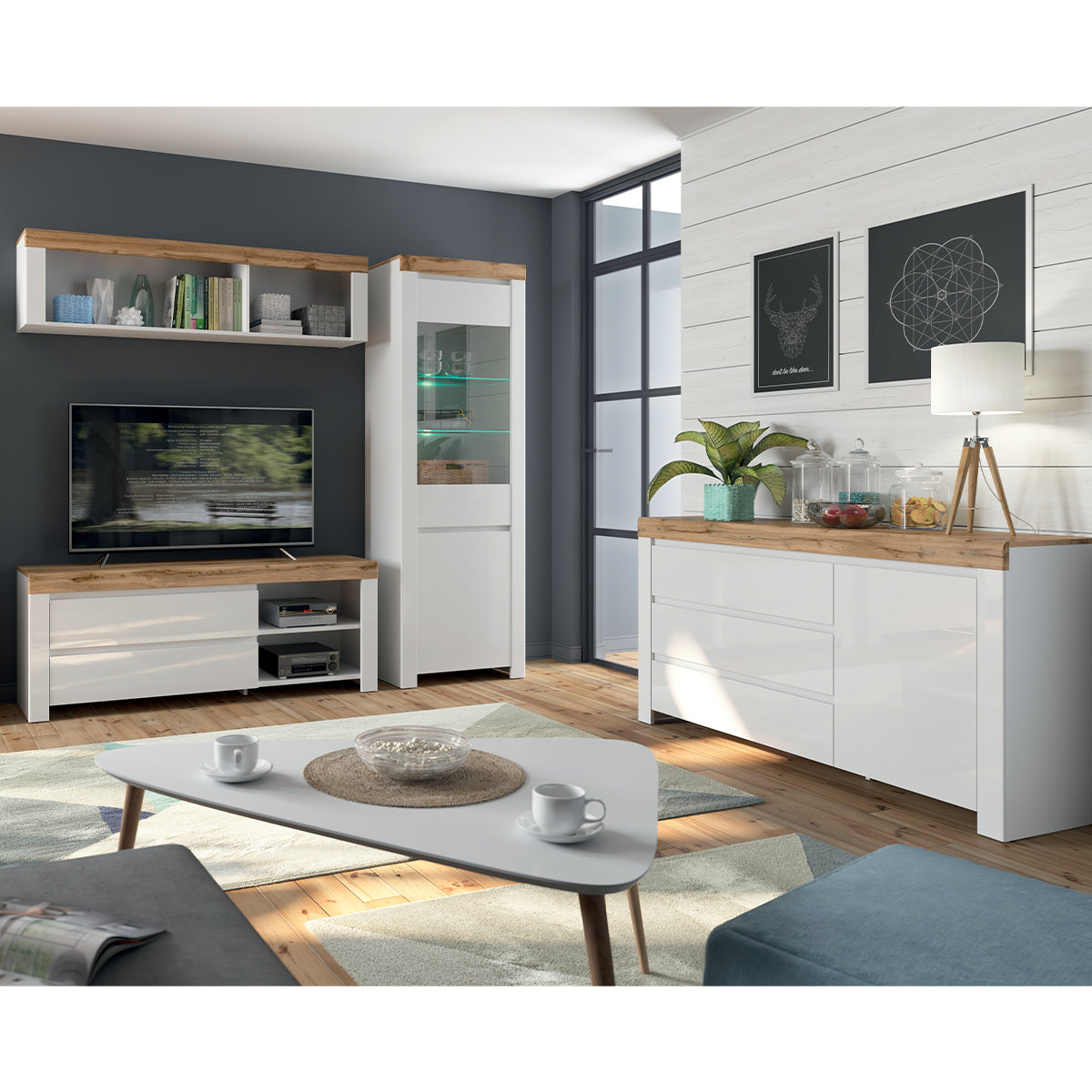 Buffet 3 tiroirs 1 porte Hella Blanc et Bois - vue 8