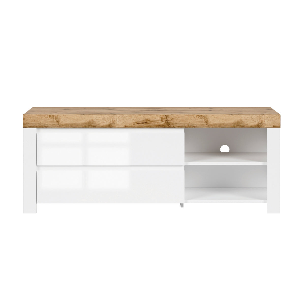 Meuble TV 2 tiroirs 156 cm Hella Blanc et Bois